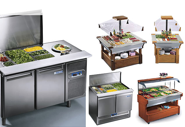 Diverse vaste en verrijdbare saladebars en saladettes